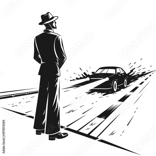 Vintage man, black and white, standing, watching speeding car, retro illustration, vector graphic