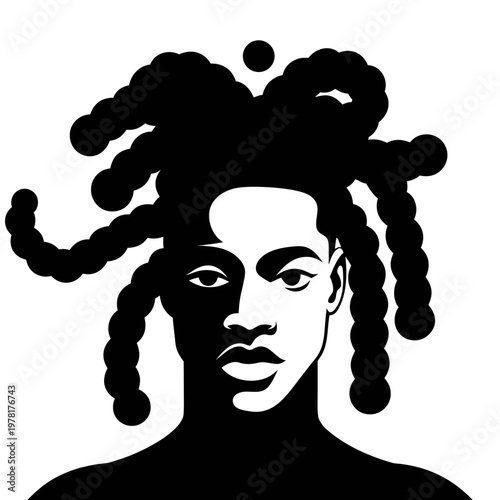 Black woman portrait, dreadlocks hairstyle, vector silhouette, African American illustration