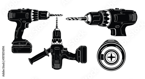 Black and white illustration of various cordless power drills and accessories