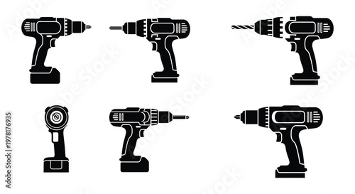 Black and white illustration of various cordless power drills and accessories
