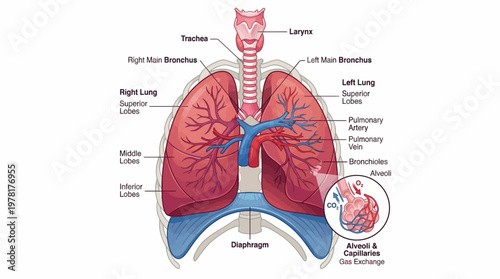 Detailed anatomical diagram of the human respiratory system showing lungs, trachea, bronchi, and gas exchange.