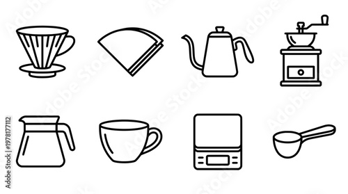 Coffee brewing equipment icons dripper kettle grinder cup and more