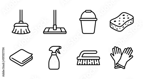 Cleaning tools icons set broom mop bucket sponge spray bottle and more