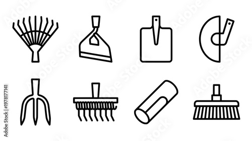 Collection of garden tools in minimalist line art on white background