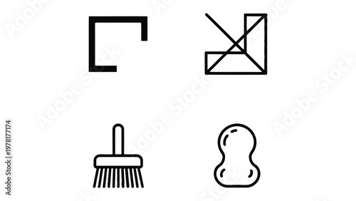 Geometric Shapes and Cleaning Tools: Abstract illustration presenting a variety of shapes and cleaning tools, emphasizing simplicity, modern design, and everyday objects.