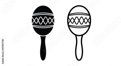 Two traditional maracas are displayed in a striking black and white silhouette