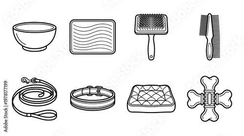 Dog care supplies vector illustration in outlined black and white style