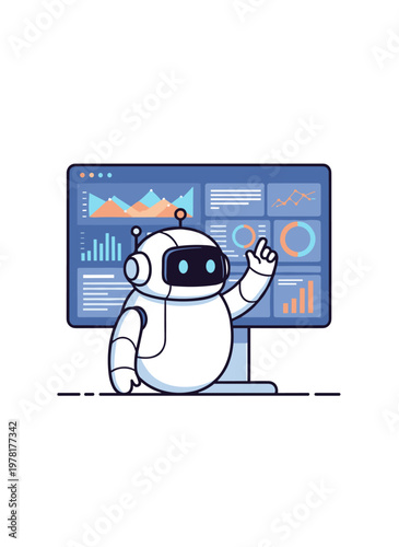 AI robot presenting business analytics dashboard on screen data visualization concept