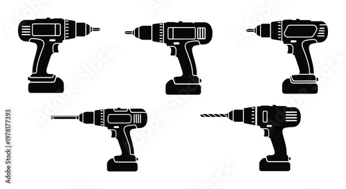 Black and white illustration of various cordless power drills and accessories