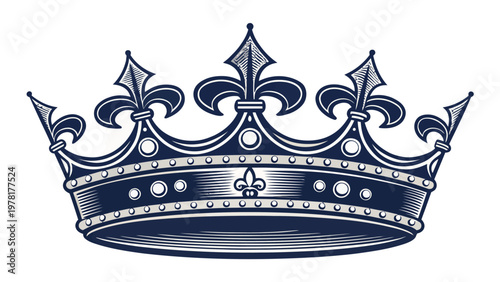 Elegant royal european crown silhouette in navy blue and white symbolizing luxury and power