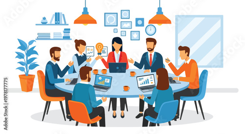 A diverse team of seven professionals collaborates during a productive business meeting around a circular blue table in a modern office.