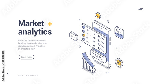 Isometric banner template for market analytics and mobile finance. Vector illustration of a smartphone with data charts for business research, stock trading, and investment strategy