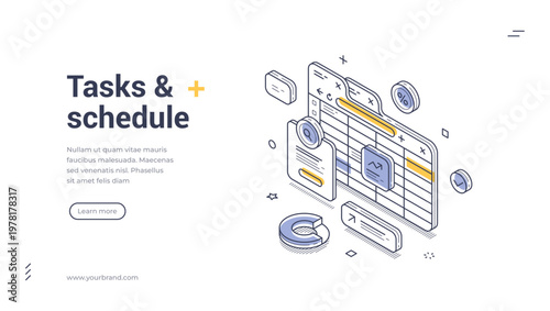 Isometric banner template for task management and schedule planning. Vector illustration of a project board for business organization, workflow optimization, and time management