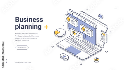 Isometric banner template for business planning and strategy. Vector illustration of a laptop with project steps, data analysis for corporate management and startup development