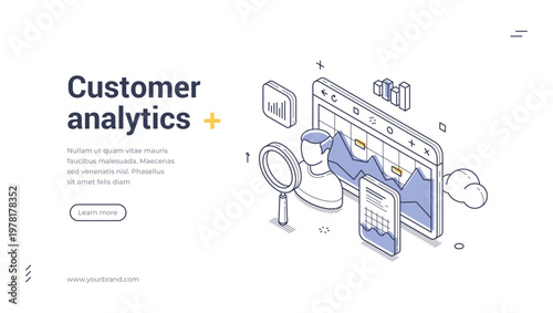 Isometric banner template for customer analytics and data research. Vector illustration for marketing strategy, user behavior analysis, and business intelligence with charts on a digital tablet screen