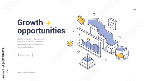 Isometric banner template for business growth and financial opportunities. illustration of data analysis with charts, graphs, and a rising arrow symbolizing market progress and investment success