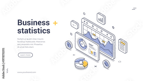 Isometric banner template for business statistics and data analysis. Vector illustration of financial report and marketing analytics. Concept for web design and modern infographic