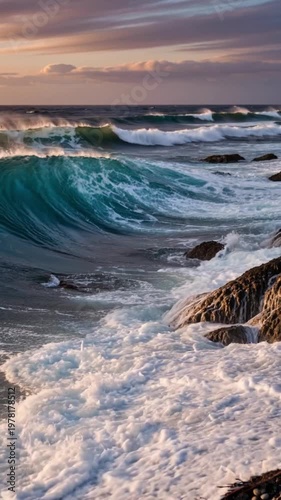 Powerful ocean wave crashing against a rocky shoreline at sunset, scenic coastal seascape with turquoise water and golden hour light.