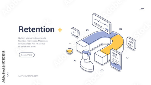 Isometric banner template for customer retention and marketing strategy. Vector illustration of attracting clients with a magnet. Concept for inbound marketing and building customer loyalty
