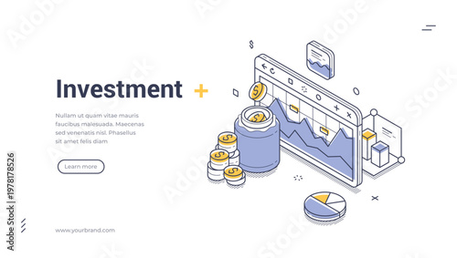 Isometric banner template for financial investment and savings. Vector illustration of money growth and stock market analysis. Concept for online banking and wealth management