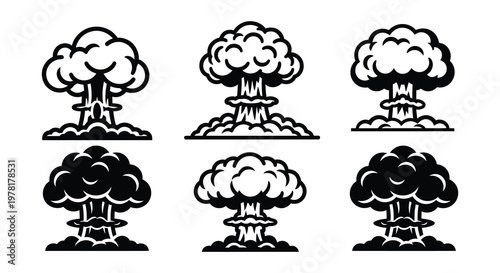 Six stylized depictions of mushroom clouds representing nuclear explosions