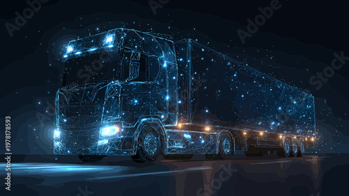 Truck depicted as a futuristic digital network with glowing blue connections and particles symbolizes advanced logistics and transportation technology.
