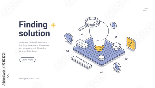 Isometric banner template for finding a business solution. Vector illustration of creative idea and research process. Concept for web design, startup strategy, and innovation brainstorming