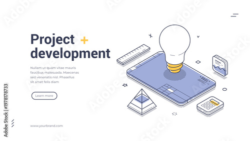 Isometric banner template for project development and creative ideas. Vector illustration of a lightbulb. Concept for startup, innovation, and business strategy for a landing page