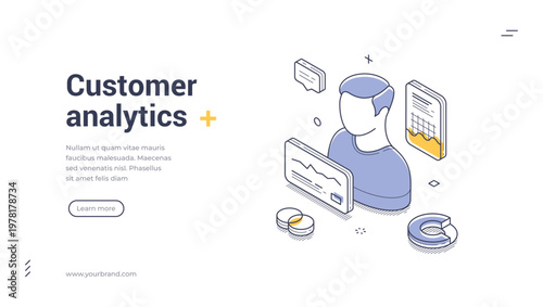 Isometric banner template for customer analytics. Vector illustration of user data analysis with charts. Concept for marketing strategy, business intelligence, and CRM on a landing page