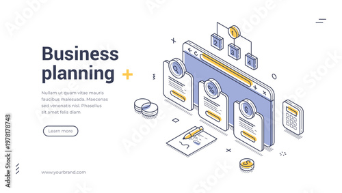 Isometric banner template for business planning and financial strategy. Vector illustration of a browser with charts. Concept for corporate management, startup development, and market analysis