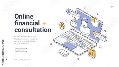 Isometric banner template for online financial consultation. Vector illustration of laptop with charts. Concept for digital banking, remote investment advice, and expert business support