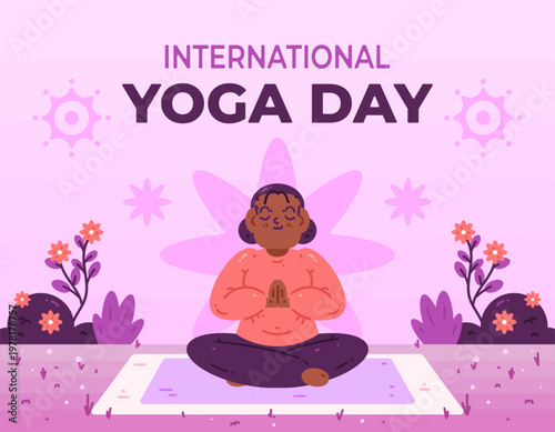 International Yoga Day greeting banner concept. Illustration of a woman meditating in the lotus position outdoors. Yoga activity, exercise, lifestyle. Flat cartoon character. Purple garden background