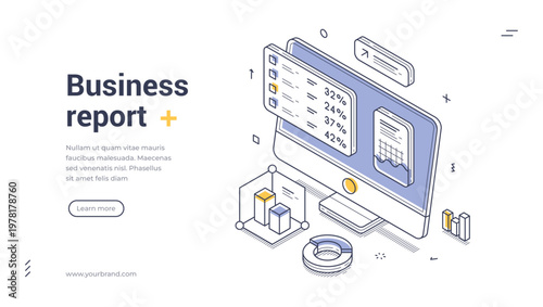 Isometric banner template for business report and data analysis. Vector illustration of a computer dashboard with statistics. Concept for financial analytics and marketing research