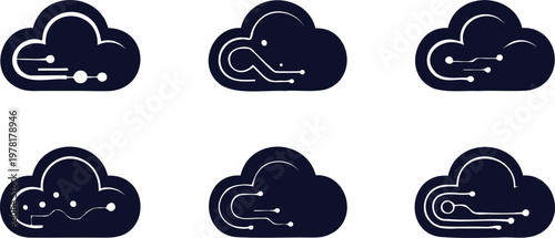 Cloud computing network icons with circuit board connections  digital technology symbols for data storage and transfer
