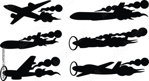 Collection of airplane silhouettes with smoke trails flying in different directions and positions  various aircraft flying high