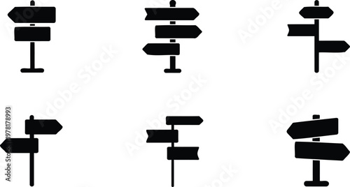 Collection of blank black directional signs on white background  various orientations and shapes  isolated on transparent background