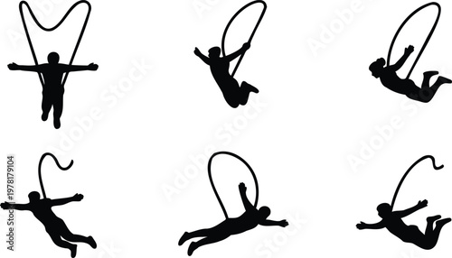 Silhouettes of people jumping and playing with ropes in different poses and movements freely  aerial  acrobatic