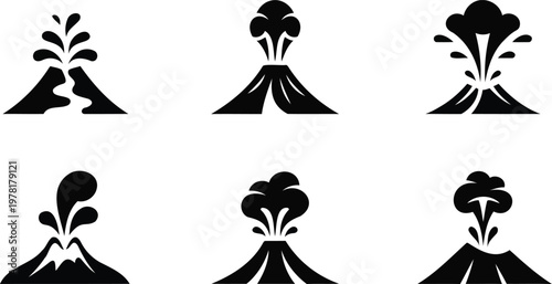 Six black silhouette volcano icons with various eruption styles on white background