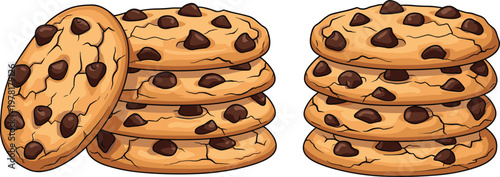 Stack of chocolate chip cookies with crispy texture, delicious sweet bakery snack illustration isolated vector for dessert, food and menu design