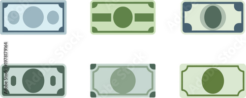 Six different green and blue banknote illustrations on white background