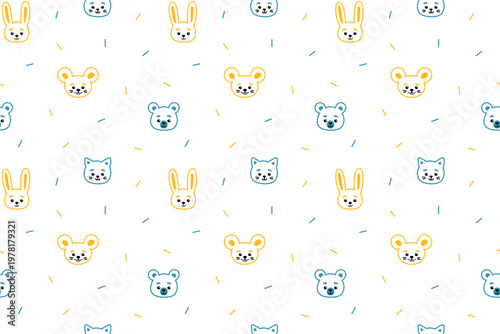 Outline forest animals. Doodle children's seamless pattern with cat, hare, bear, mouse. Isolated vector illustration eps 10