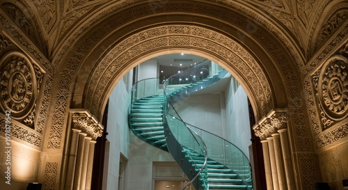 Ornate Archway Framing a Modern Illuminated Spiral Staircase