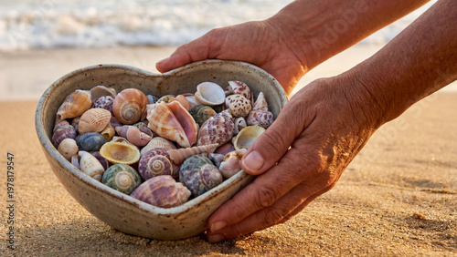 Hands holding a heart-shaped bowl filled with seashells on a sandy beach. Closeup