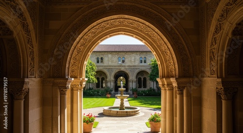 Ornate Archway Framing a Serene Fountain Courtyard with Lush Green Lawn