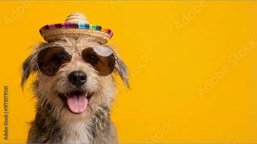 Happy dog with sombrero and sunglasses on yellow background. Text space. Summer concept