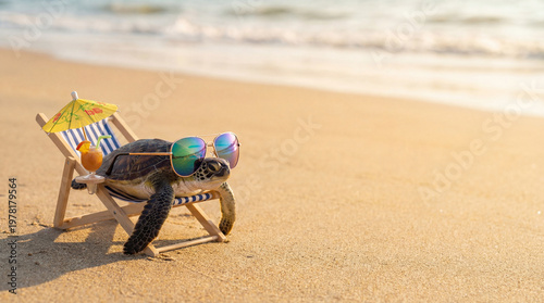 Turtle relaxing on a beach chair with sunglasses and a drink. Text space, summer vacation concept