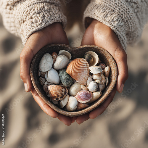 Hands holding heart-shaped bowl filled with seashells on a beach. Summer vacation concept