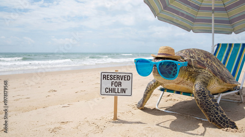 Funny sea turtle in sunglasses relaxing on a beach chair