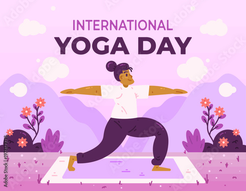 International Yoga Day greeting banner concept. Illustration of a woman doing yoga in warrior pose. Yoga activities, sports, lifestyle. Flat cartoon character. Purple garden background
