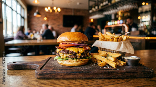 Juicy Gourmet Smash Burger with Molten Cheddar, Bacon, and Crispy Fries on a Rustic Wooden Board in a Warm Pub Atmosphere